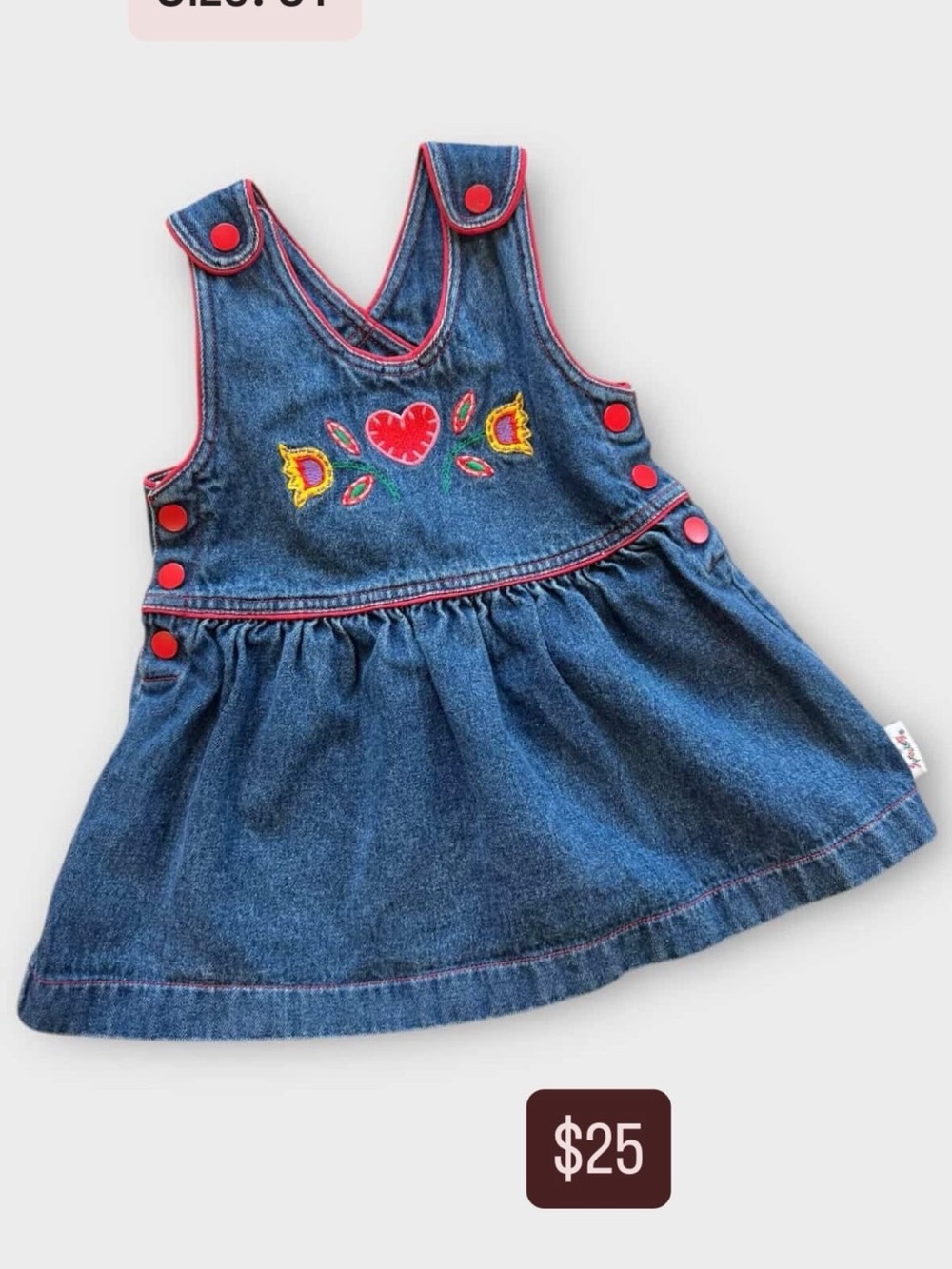 Denim Heart-Embroidered Girls' Pinafore Dress